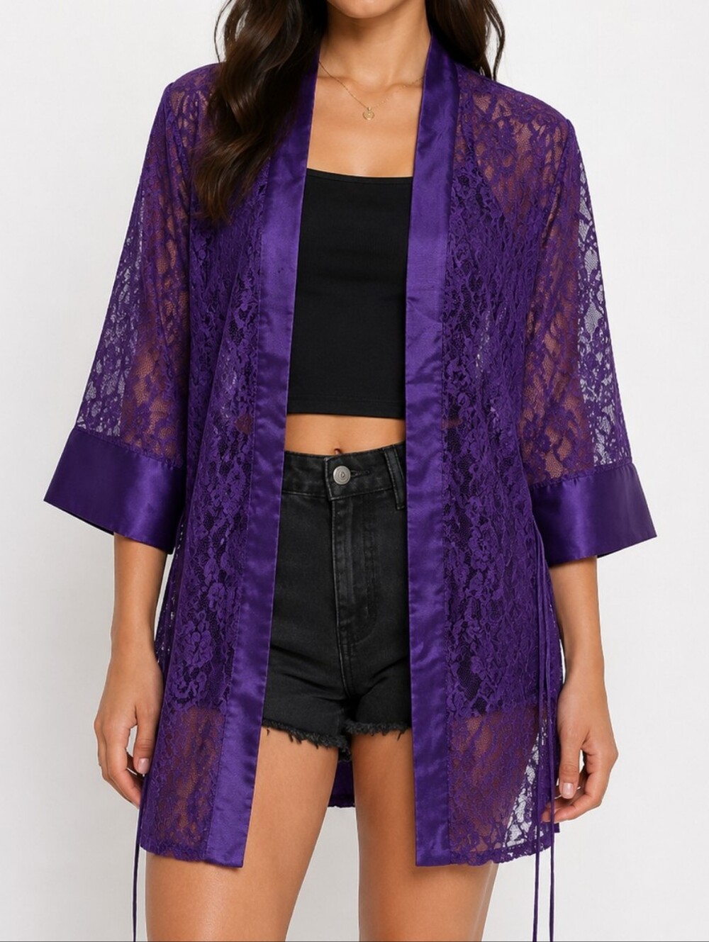 💜 Vintage Purple Lace Kimono Robe – One Size – Sheer Floral – Lingerie